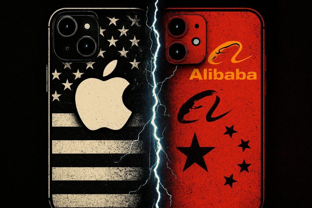 iPhone dividido entre motivos de Apple y Alibaba, simbolizando la tensión tecnológica entre EE.UU. y China