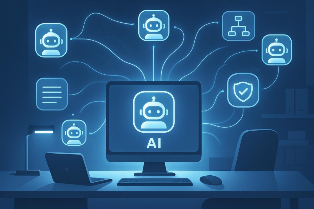 Espacio de trabajo tecnológico con iconos de agentes de IA conectándose colaborativamente con sistemas externos