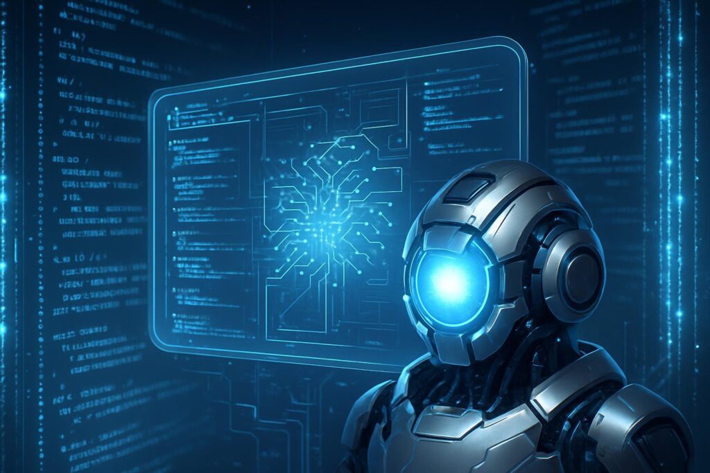 Interfaz futurista mostrando el núcleo de IA AlphaEvolve diseñando algoritmos complejos con flujos de código holográficos