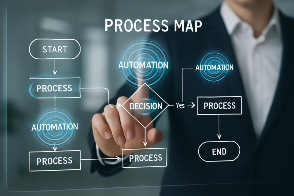 Profesional analizando puntos de automatización en un mapa de procesos empresariales mediante pantalla táctil interactiva