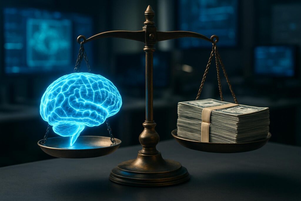 Balanza equilibrando un cerebro de IA brillante y dinero, simbolizando el aumento de precios para capacidades de raciocinio avanzado