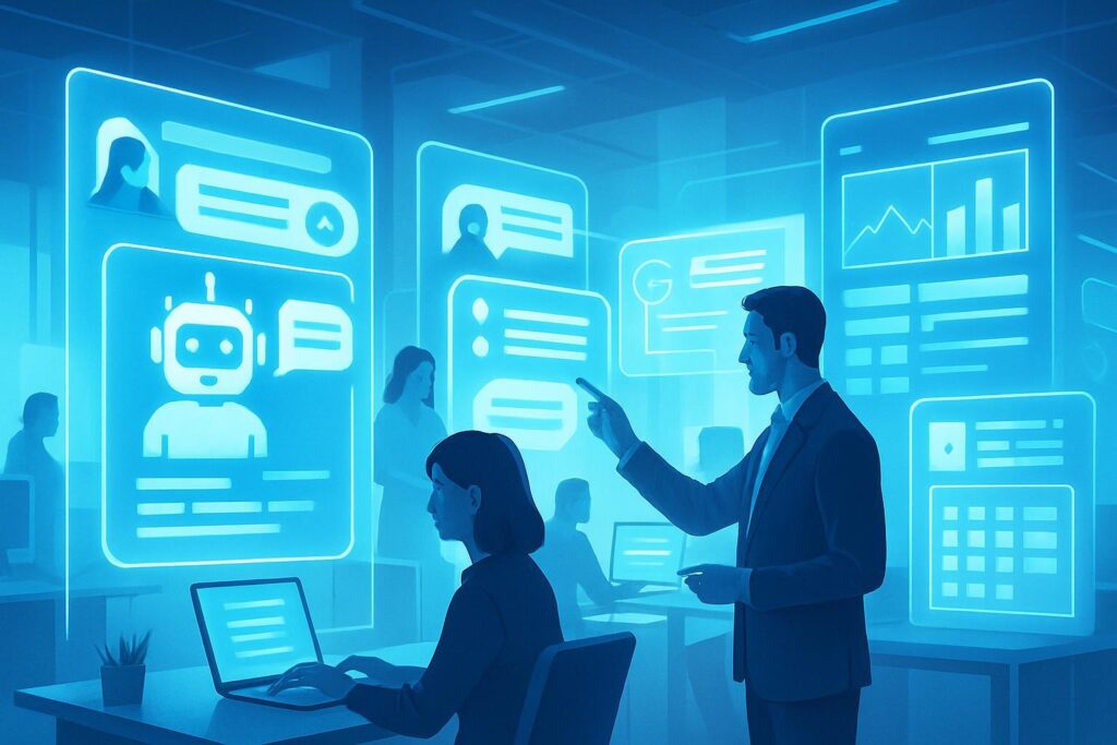 Oficina moderna donde empleados colaboran con tecnologías de automatización e IA en un ambiente digital productivo