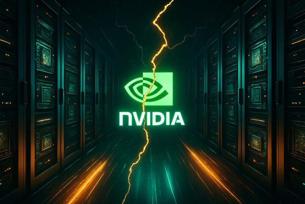 Centro de datos futurista con logo de Nvidia y efectos visuales que simbolizan tensiones comerciales globales