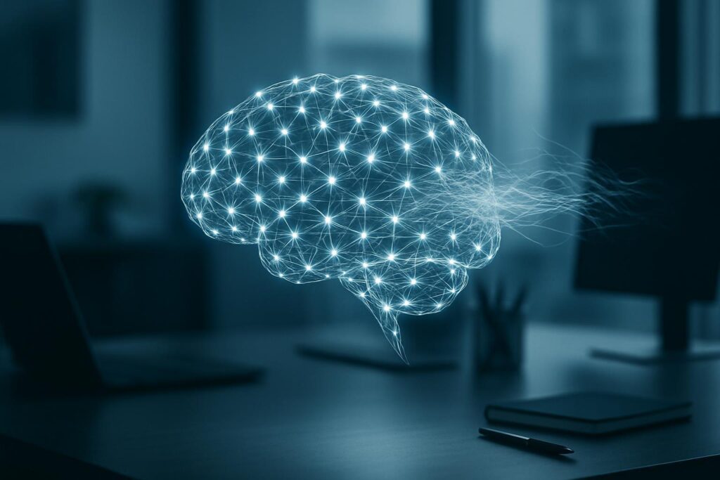 Cerebro de IA con nodos brillantes interconectados y líneas difusas que representan limitaciones del razonamiento