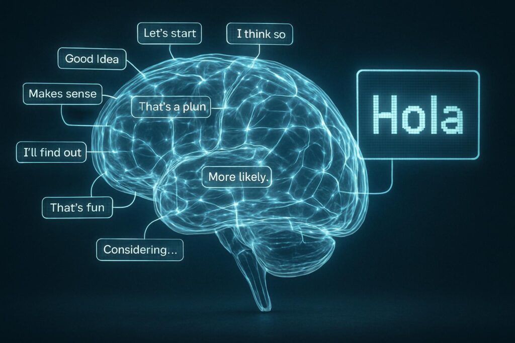 Cerebro de IA transparente con caminos interconectados mostrando los pensamientos internos del modelo Phi 4 al procesar un saludo