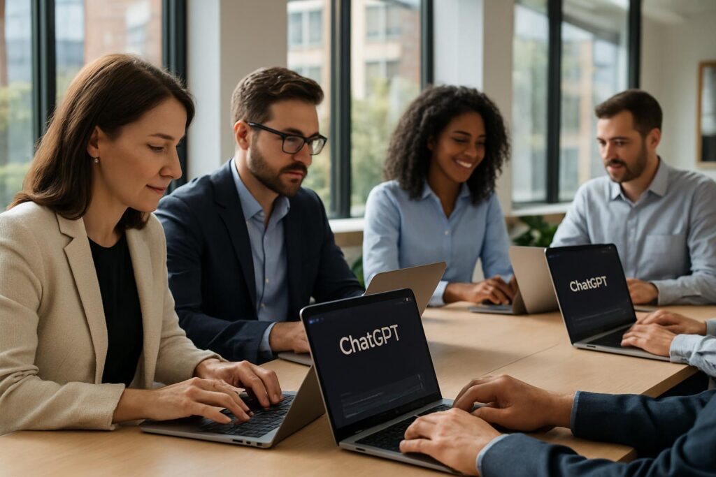 Profesionales en oficina moderna utilizando ChatGPT en sus portátiles durante jornada laboral