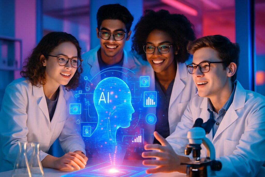 Grupo diverso de científicos jóvenes colaborando con hologramas de IA en un laboratorio moderno e innovador