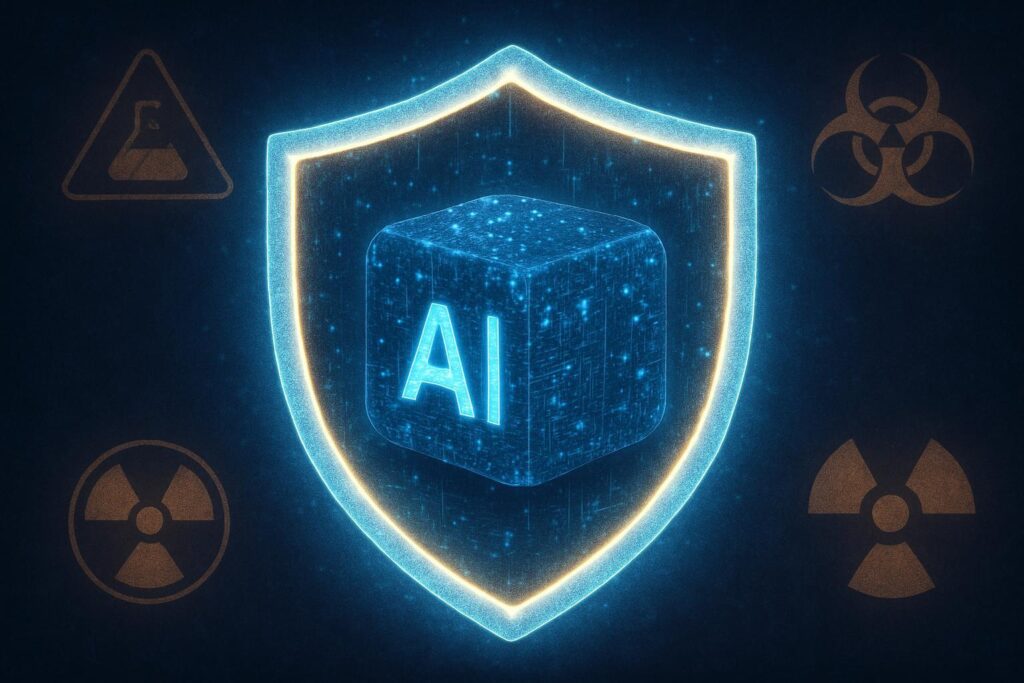 Modelo de IA Claude 4 protegido por escudo digital con símbolos de amenazas químicas, biológicas, radiológicas y nucleares
