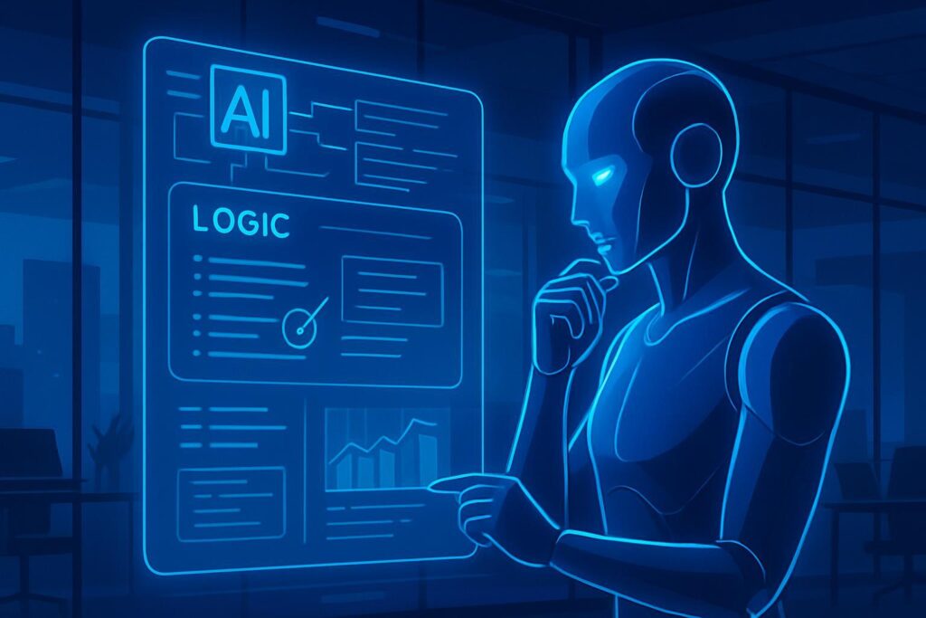 Interfaz futurista de IA Claude analizando y corrigiendo su lógica con iluminación azul que simboliza confiabilidad