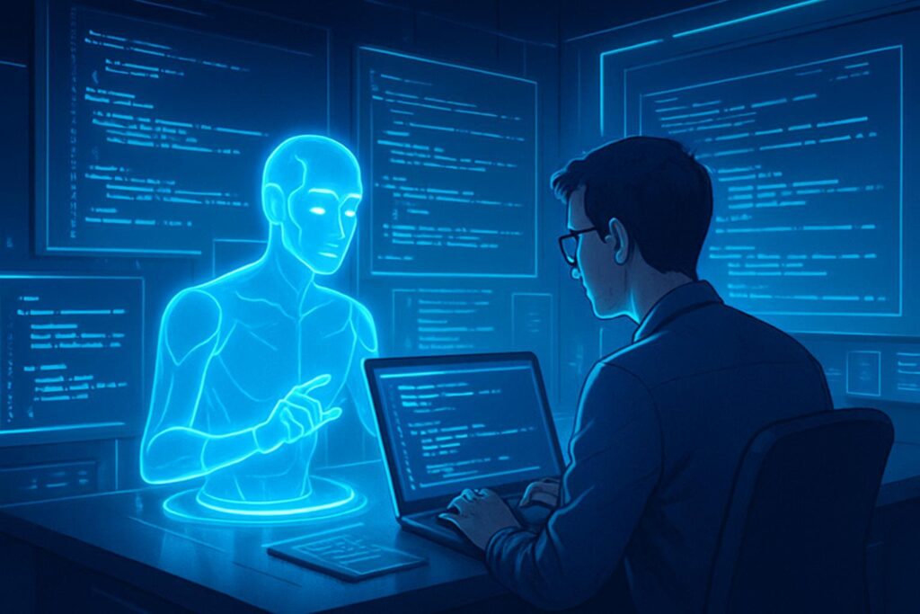 Desarrollador colaborando con holograma de IA en un entorno futurista mientras generan código complejo