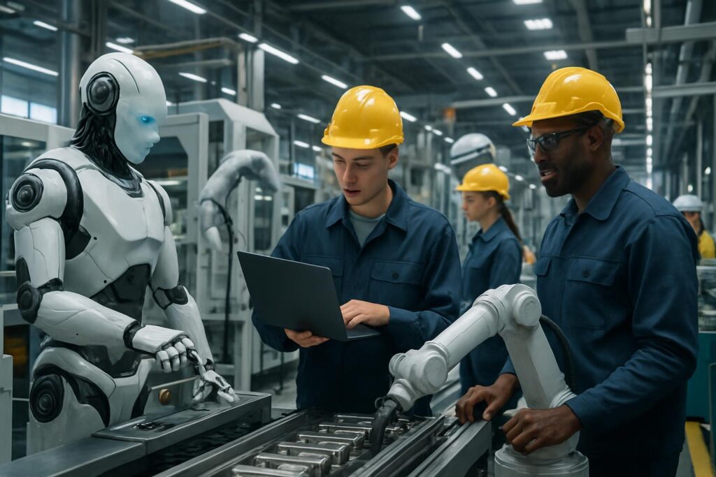 Operarios y robots colaborando eficientemente en una planta de producción automatizada con tecnología avanzada
