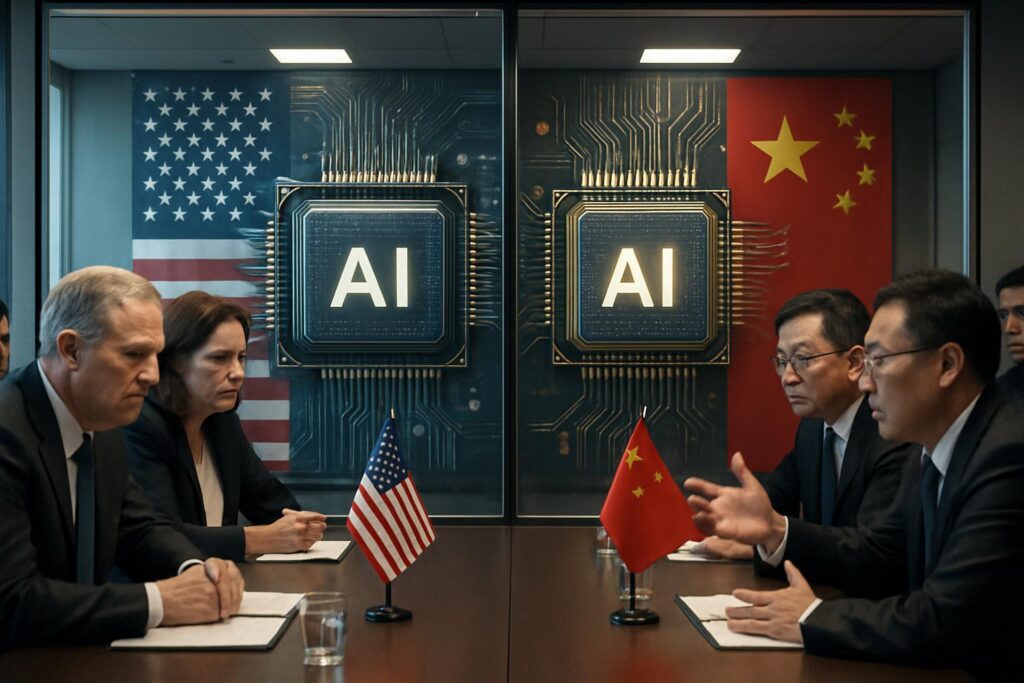 Sala diplomática dividida con chips de IA y banderas de EE.UU. y China simbolizando la tensión por controles tecnológicos