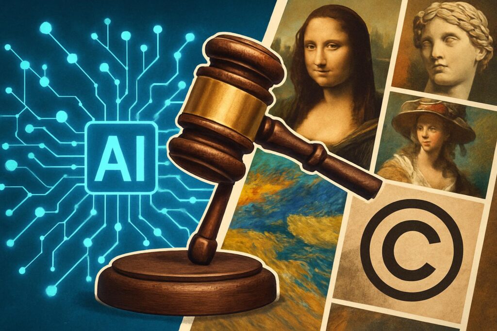 Mazo de juez dividiendo una red neuronal de IA y obras protegidas por derechos de autor, simbolizando el conflicto legal