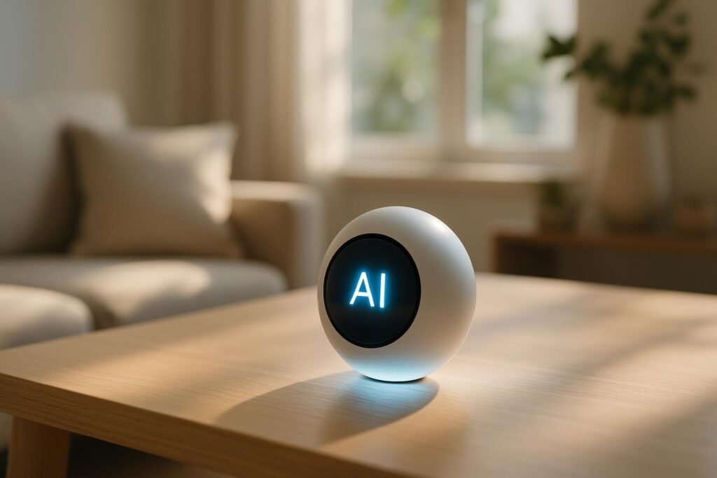 Elegante orbe de IA minimalista brillando suavemente sobre una mesa moderna en un hogar luminoso y acogedor