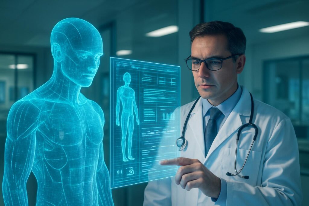 Médico colaborando con holograma de inteligencia artificial para analizar datos clínicos en un entorno hospitalario futurista