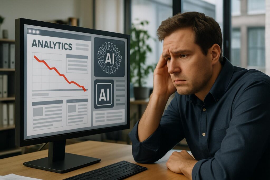 Editor preocupado observando el declive de analíticas web mientras iconos de IA eclipsan páginas tradicionales