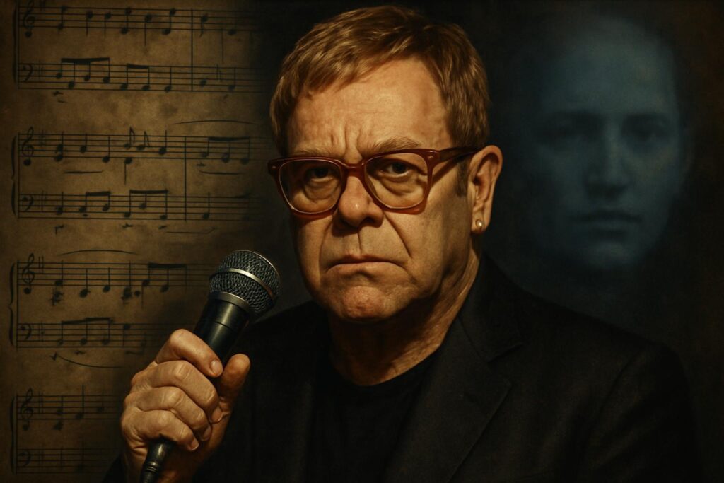 Elton John con expresión seria sosteniendo un micrófono frente a partituras y una silueta digital que representa la IA