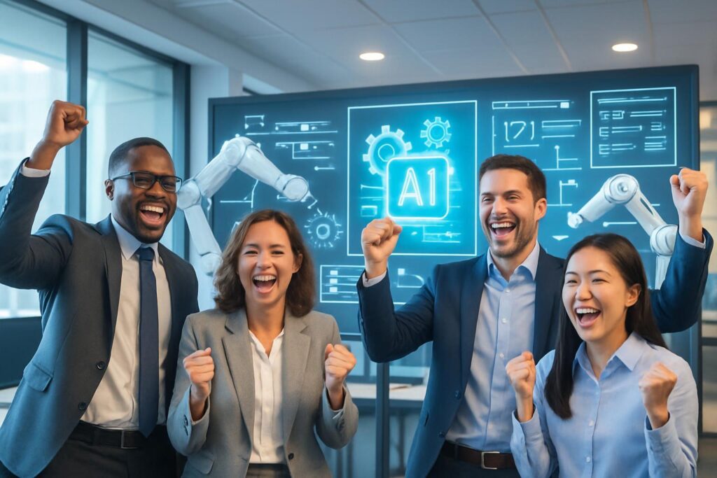 Equipo empresarial celebrando resultados positivos mientras robots y sistemas de IA automatizan tareas en una oficina moderna
