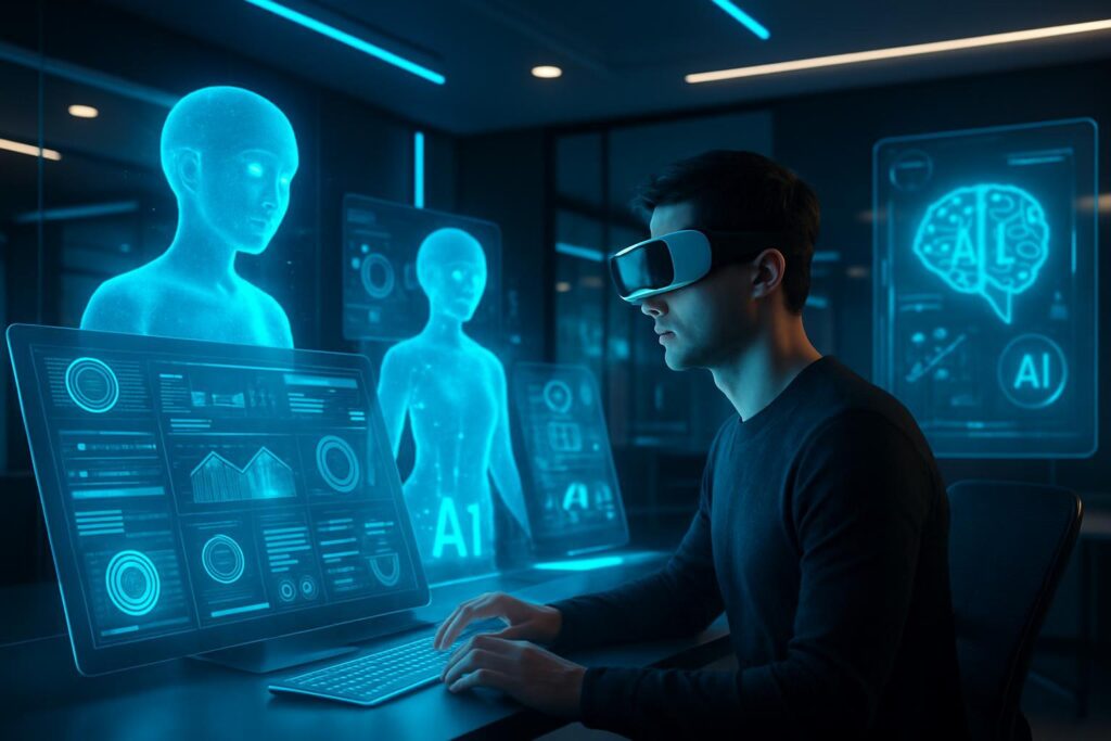 Espacio de trabajo futurista con asistentes holográficos y usuario interactuando con interfaces de realidad extendida
