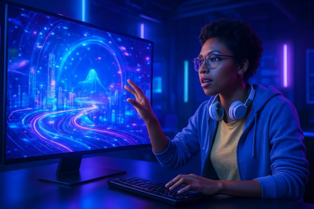 Usuario interactuando con mundo virtual 3D emergiendo de pantalla en estudio futurista con tonos azules y púrpuras