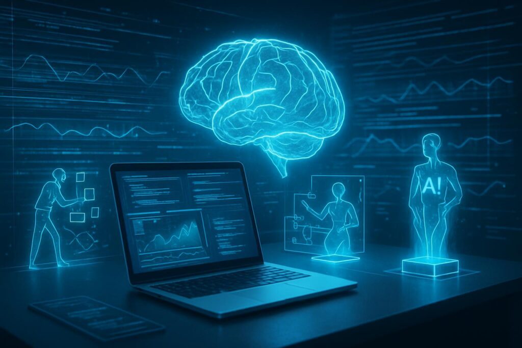 Espacio de trabajo futurista con interfaz cerebral digital mostrando análisis avanzado de datos mediante IA
