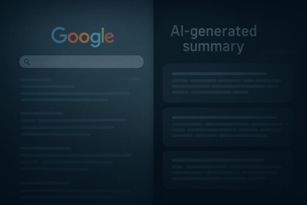 Interfaz de búsqueda de Google transformándose en IA mientras los sitios web tradicionales se desvanecen en el fondo