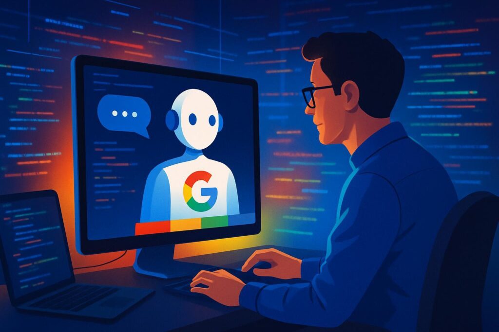 Desarrollador trabajando con asistente IA Jules, mostrando código y elementos visuales en colores de Google