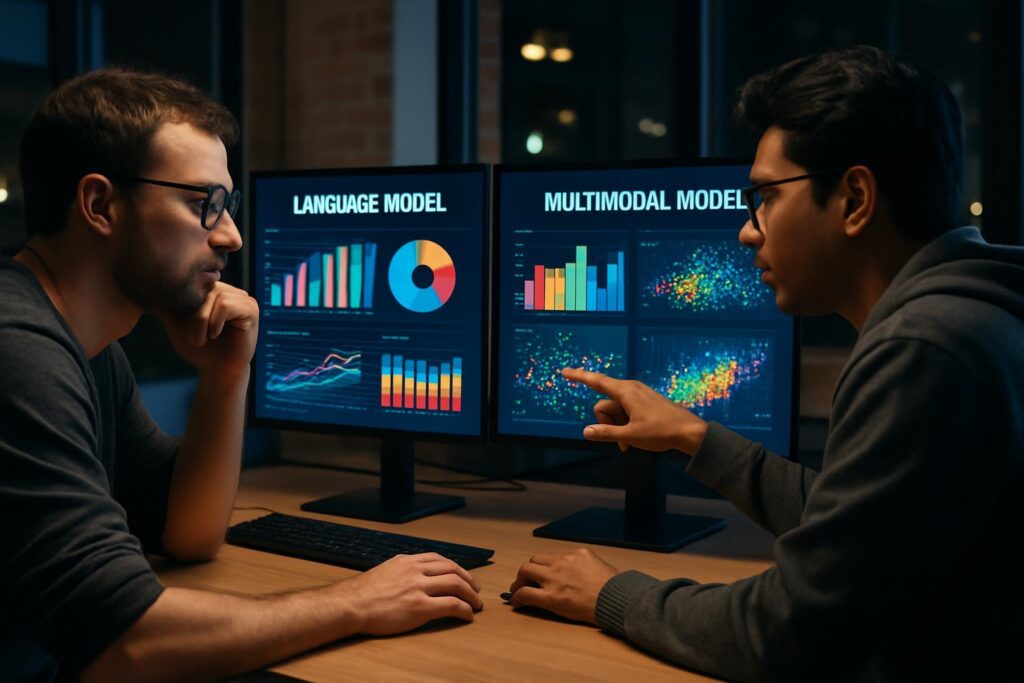 Desarrolladores analizando visualizaciones comparativas de modelos de IA en monitores con datos de evaluación de LMEval