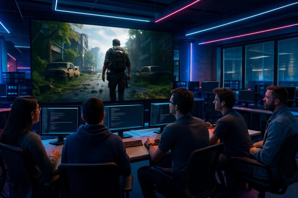Desarrolladores observando footage de videojuegos generado por IA en pantalla grande en estudio tecnológico