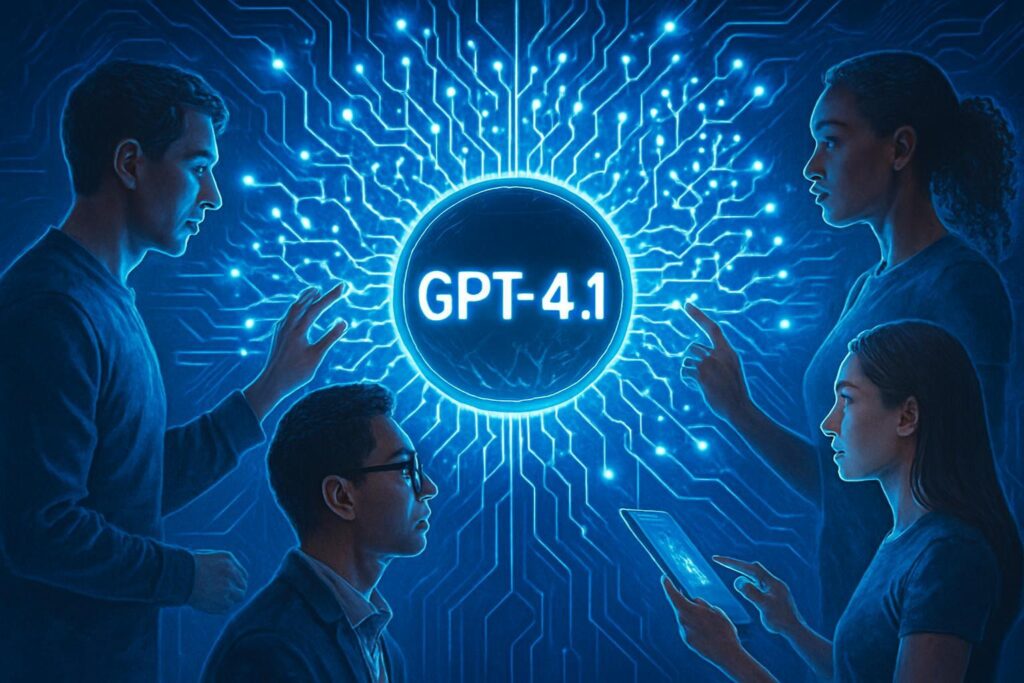 Interfaz futurista mostrando el logo de GPT-4.1 con patrones de redes neuronales y usuarios interactuando con la tecnología