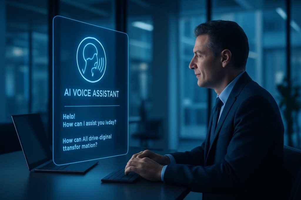 Oficina moderna con interfaz de asistente de voz IA mostrando tecnología conversacional avanzada en tonos azules