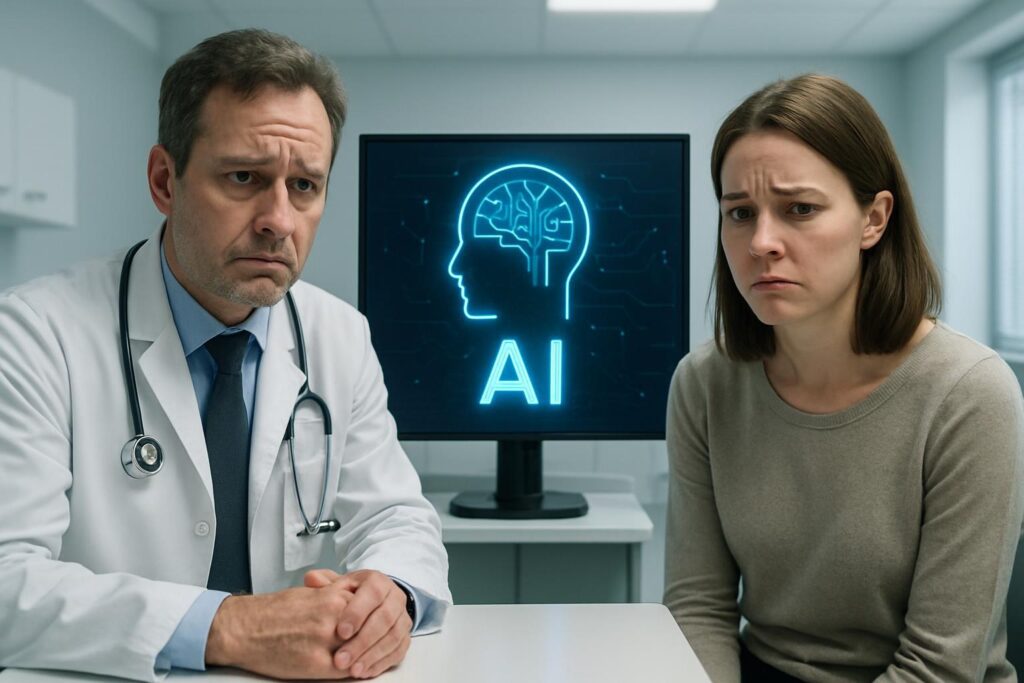 Doctor y paciente con interfaz de IA entre ellos, mostrando incertidumbre ante la consulta médica asistida por tecnología