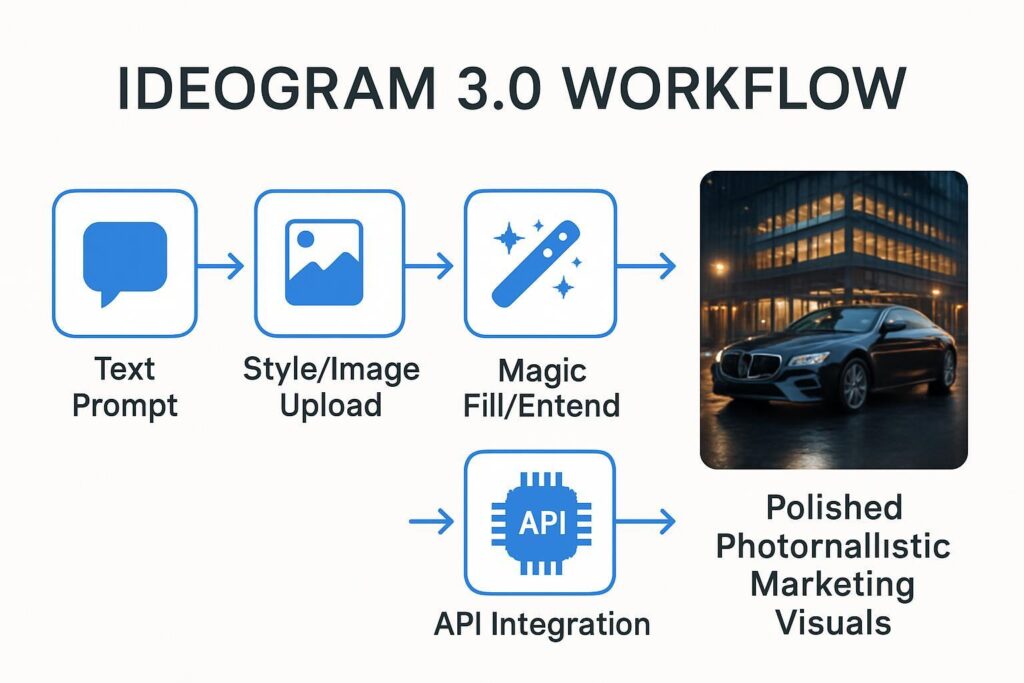 Infografía que muestra el flujo de trabajo completo de Ideogram 3.0: desde el prompt hasta la edición con Magic Fill y la integración API