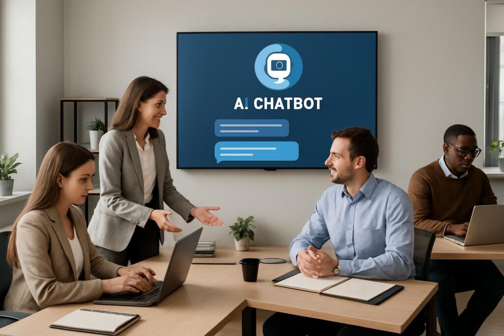 Empleados colaborando en oficina moderna junto a pantalla con chatbot de IA, mostrando integración armoniosa de tecnología.