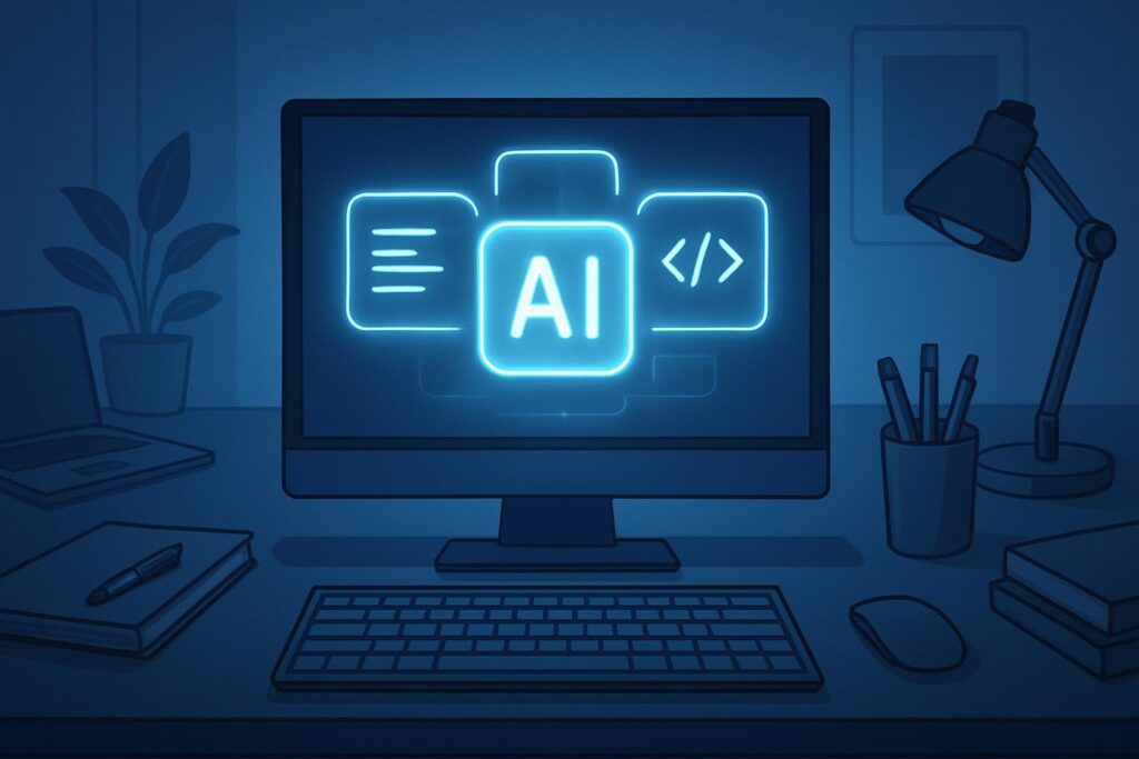 Espacio de trabajo con interfaz de IA unificada que integra funciones de escritura, código e imágenes en tonos azules