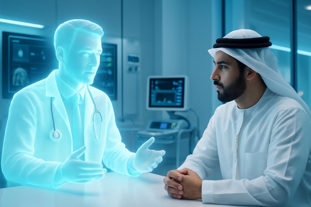 Holograma de médico IA consultando con paciente en clínica futurista con tecnología médica avanzada en Arabia Saudita