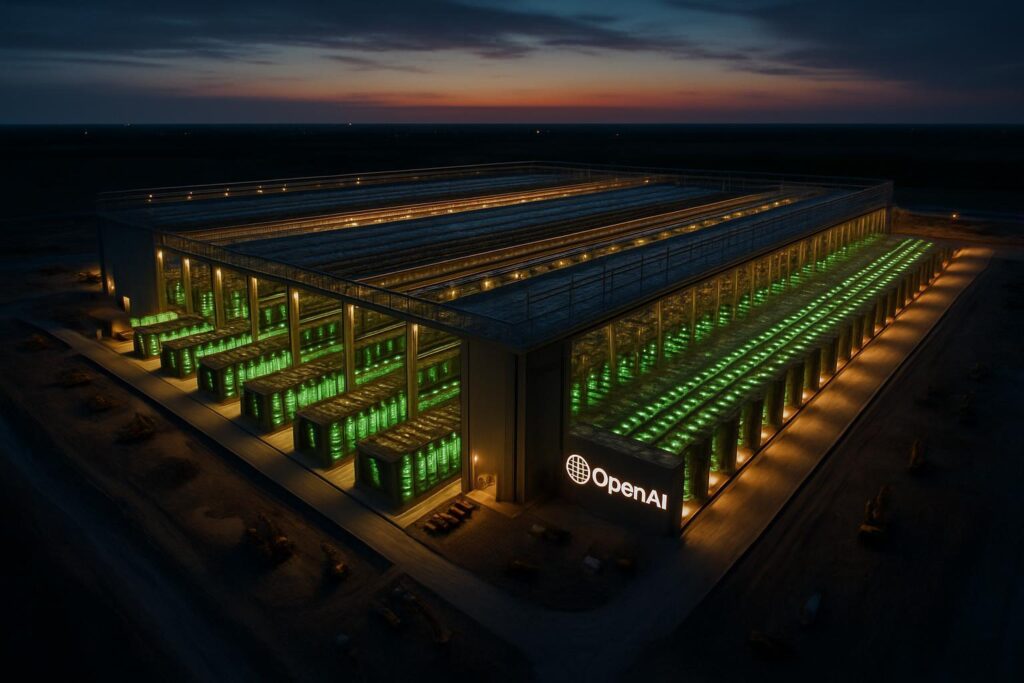 Vista aérea futurista del centro de datos de OpenAI en Texas con servidores Nvidia respaldados por Oracle