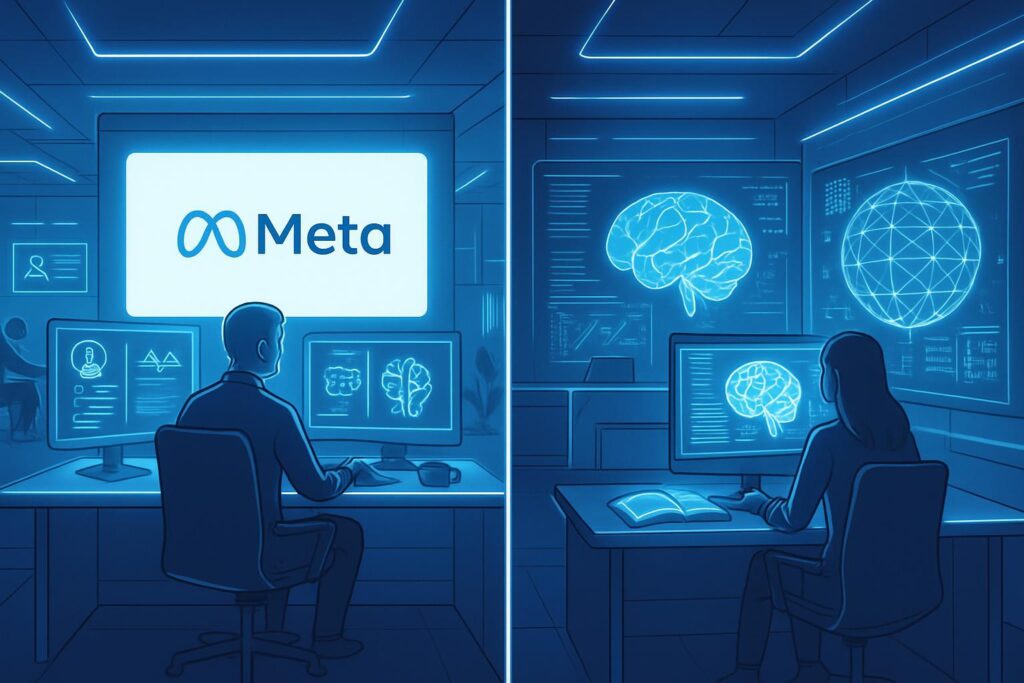 Oficina futurista dividida: un lado con interfaces de IA práctica y otro de investigación avanzada, simbolizando la reorganización de Meta