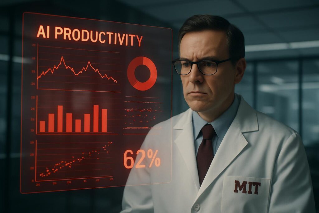 Científico del MIT analizando con seriedad datos cuestionables sobre productividad de IA en pantallas con indicadores de alerta