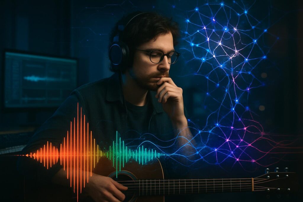 Músico independiente en estudio cuyas ondas sonoras se fusionan con una red neuronal de IA en ambiente digital