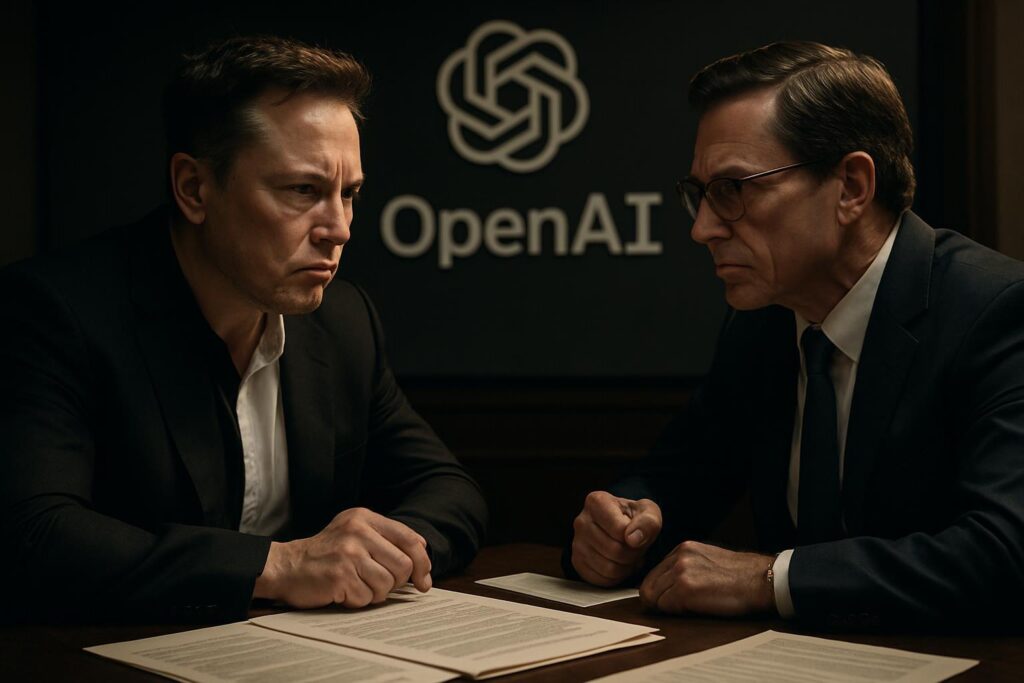 Elon Musk y su abogado en reunión tensa con documentos legales y logo de OpenAI al fondo