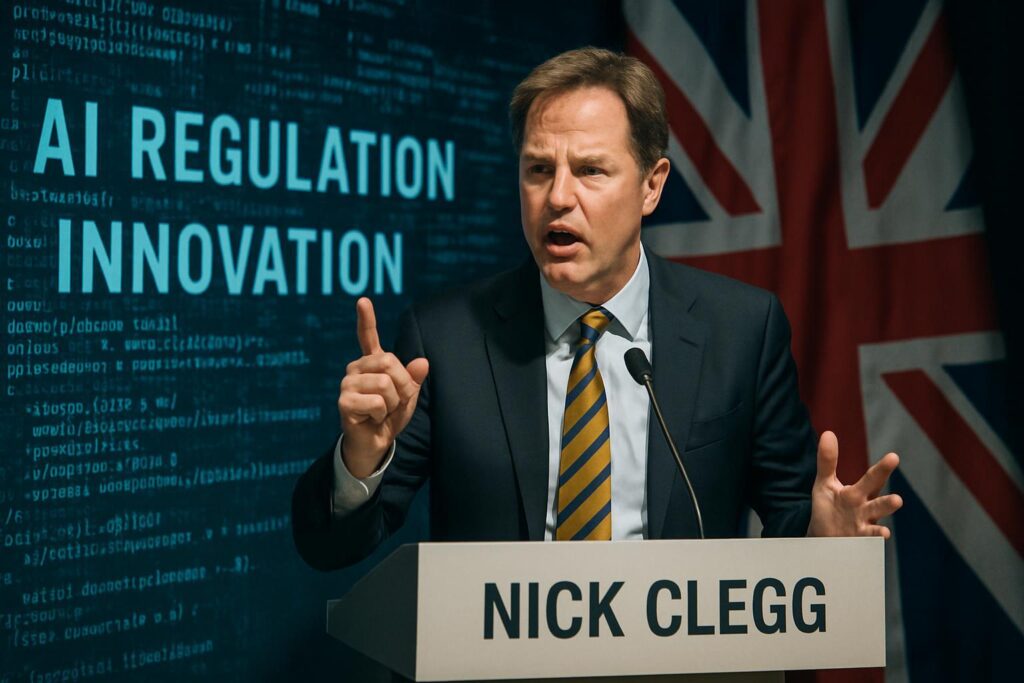 Nick Clegg durante un debate sobre regulación de inteligencia artificial con la bandera británica y código digital de fondo