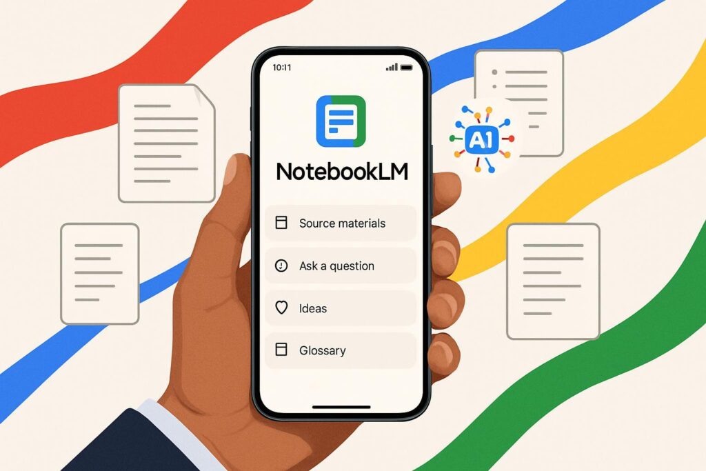 Smartphone mostrando la interfaz de NotebookLM con documentos digitales flotantes e iconos de IA en colores característicos de Google