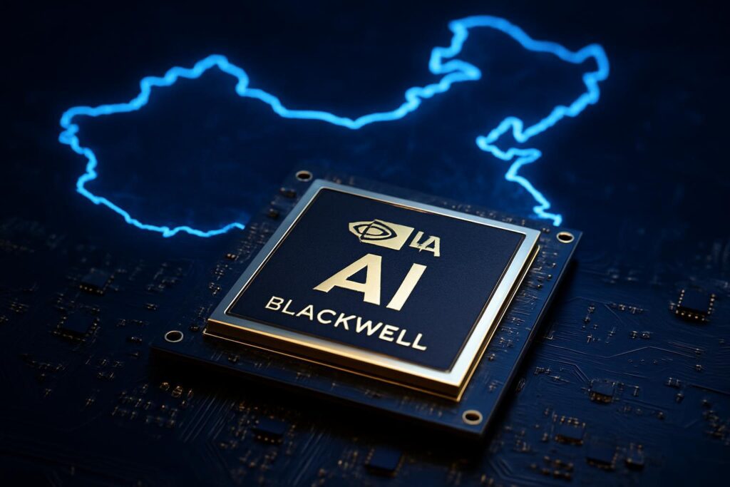 Chip Nvidia Blackwell fotorrealista con mapa de China iluminado en el fondo, representando la adaptación tecnológica al mercado asiático