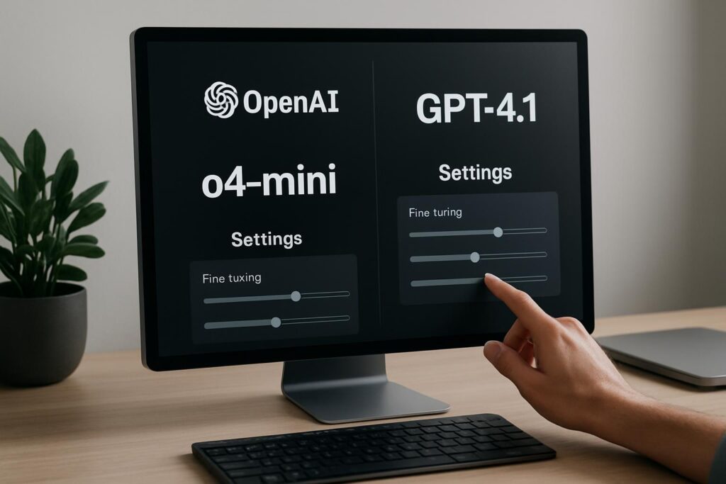 Interfaz de ajuste fino de OpenAI mostrando configuraciones para o4-mini y GPT-4.1 con paneles de control interactivos