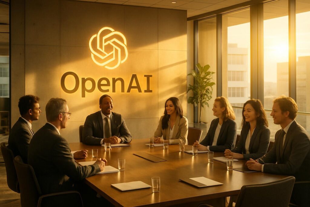 Oficina moderna de OpenAI con sala de juntas diversa y luz dorada simbolizando la transparencia en su nueva estructura corporativa.