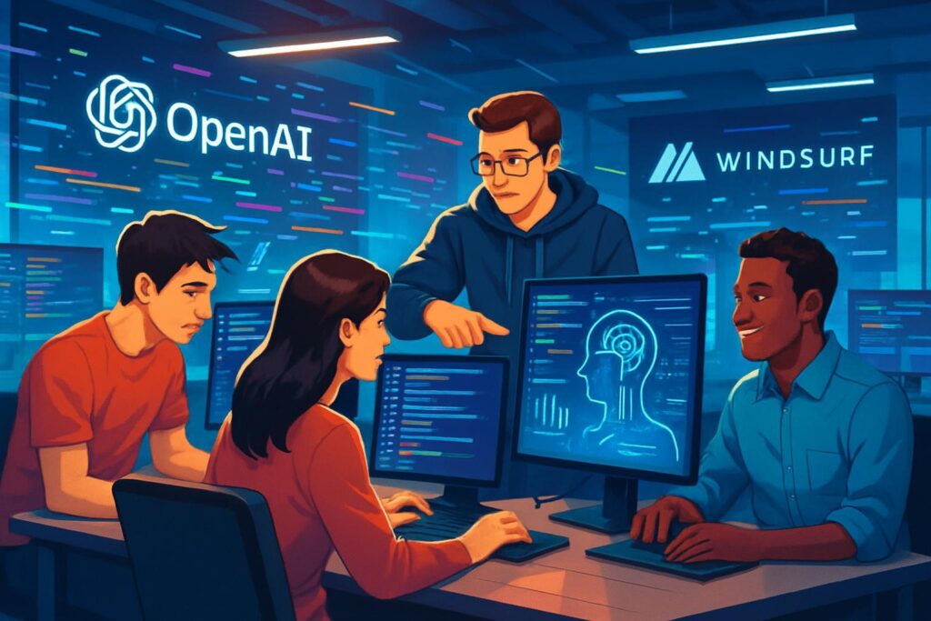 Desarrolladores en entorno moderno trabajando con interfaces que fusionan tecnologías de OpenAI y Windsurf