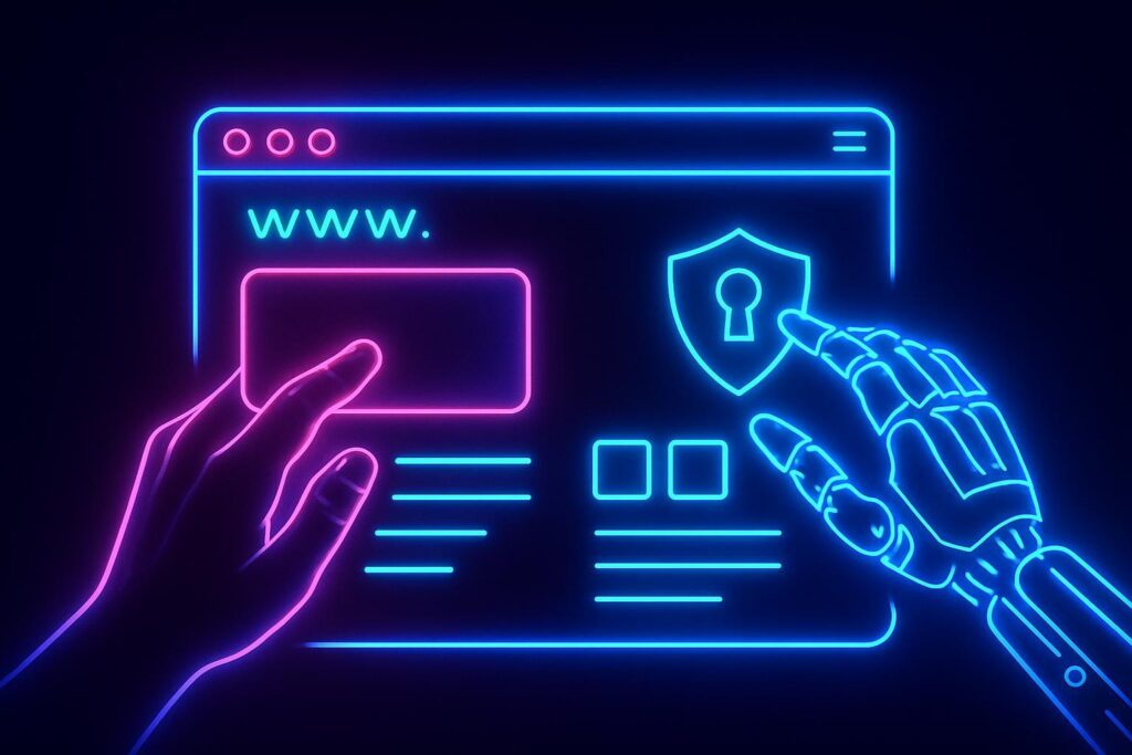 Interfaz futurista del navegador Opera Neon con colores brillantes donde manos humanas y digitales colaboran sobre contenido virtual