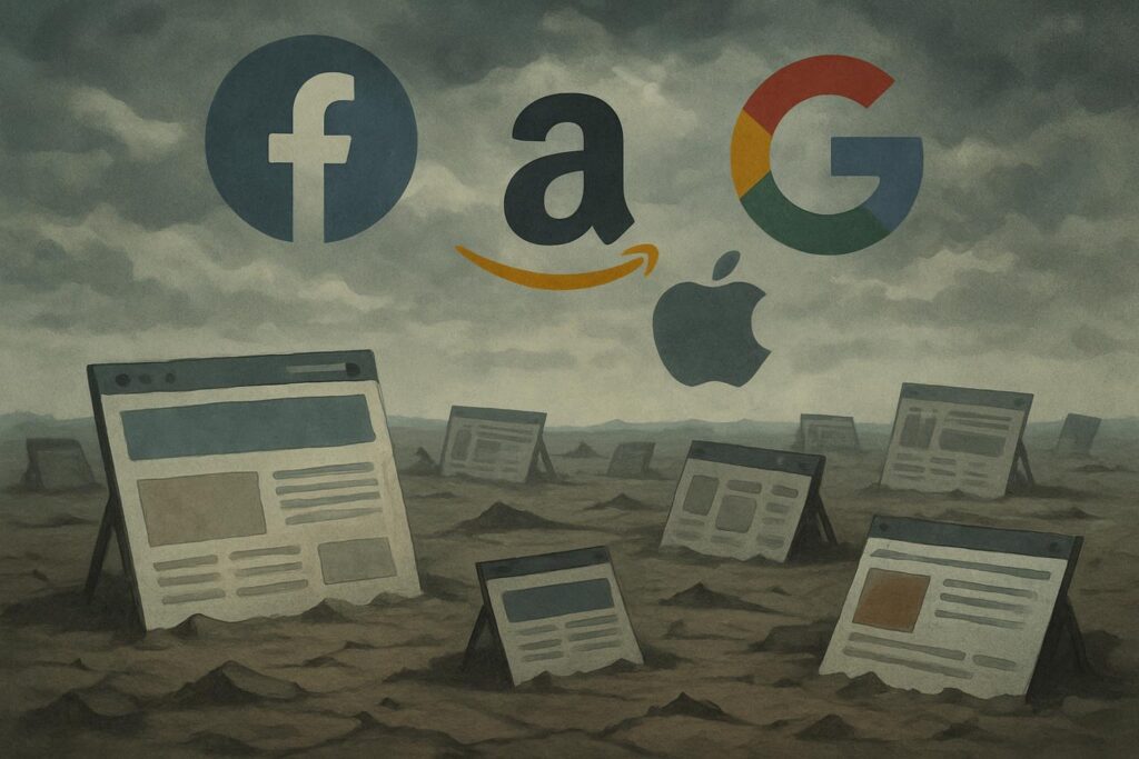 Paisaje desolado de sitios web abandonados bajo logos de gigantes tecnológicos, simbolizando la pérdida de diversidad digital
