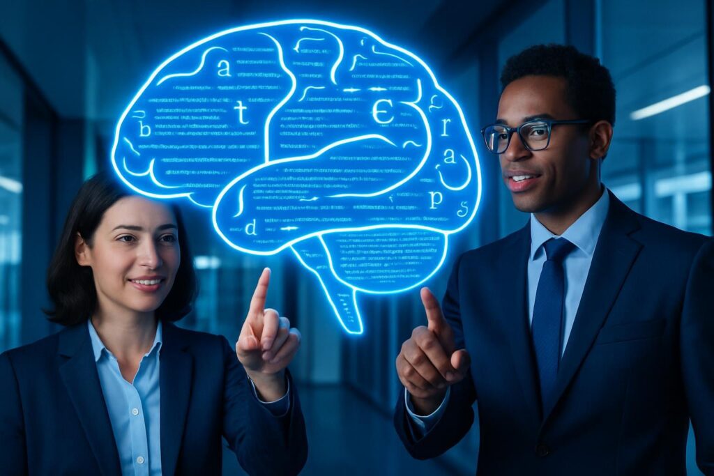 Profesionales interactuando con interfaz digital en forma de cerebro con símbolos lingüísticos en entorno corporativo